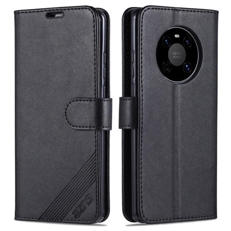 Black flip leather phone case with front cover, back panel, and camera cutout with strap