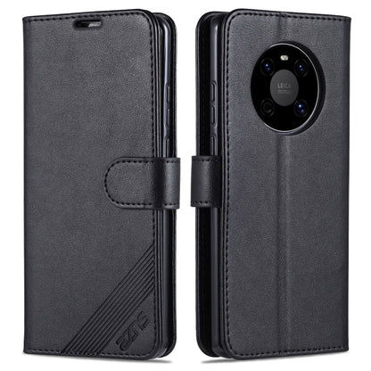 Black flip leather phone case with front cover, back panel, and camera cutout with strap