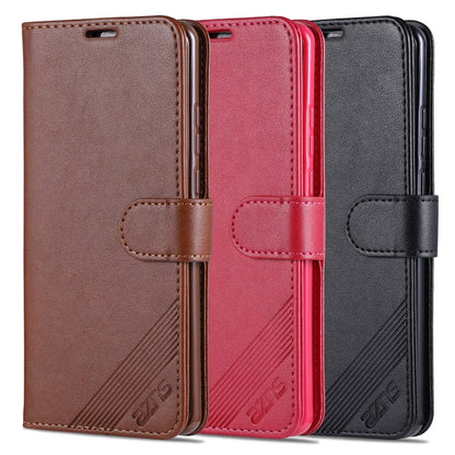 Flip leather phone cases set: brown, red, and black; card slots and holder strap