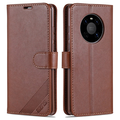Brown flip leather phone case set showing front and back with camera cutout and strap