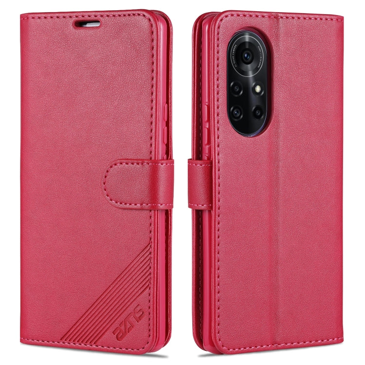 Red flip leather phone case with card slots, holder strap, and camera cover