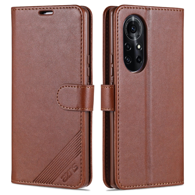 Brown flip leather phone case with front cover and back panel, camera cutout and strap