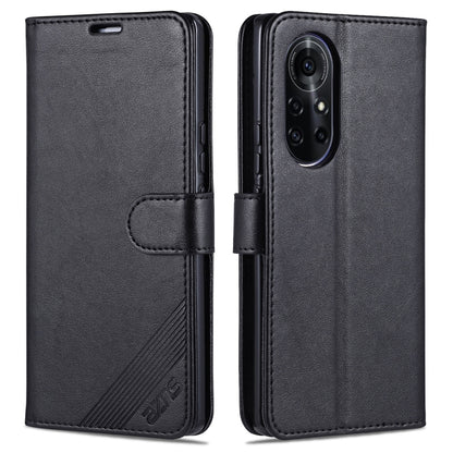 Black flip leather phone case with card slots and camera cutout, stitched strap detail