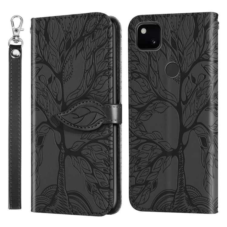 Phone wallet case with embossed leaf design, flip cover, lanyard strap, dark gray front/back