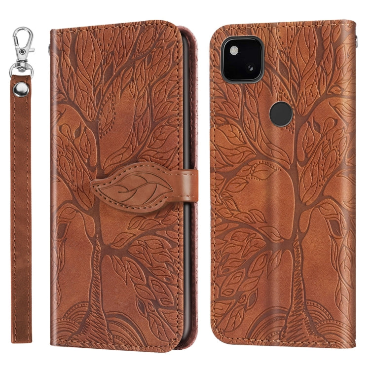 Phone wallet case with embossed leaf design, flip cover, lanyard strap, tan front/back