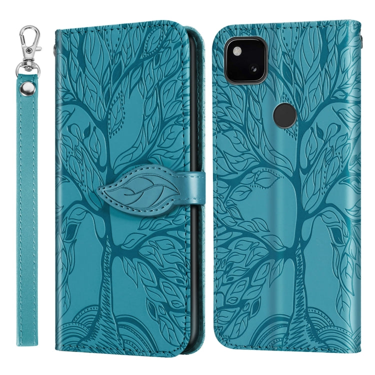 Phone wallet case with embossed leaf design, flip cover, lanyard strap, teal blue front/back