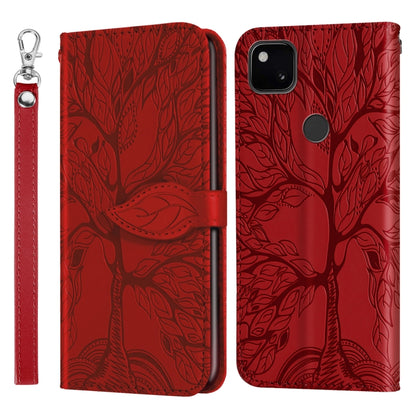 Embossed phone wallet case with flip cover and lanyard, red leaf pattern, front/back view