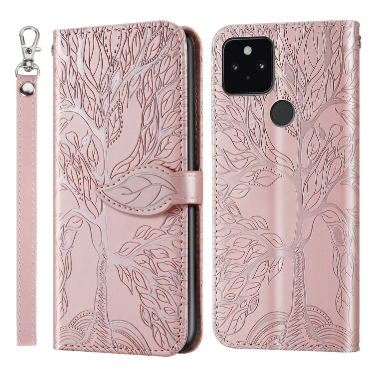 Embossed phone wallet case with flip cover and lanyard, light pink leaf pattern, front/back