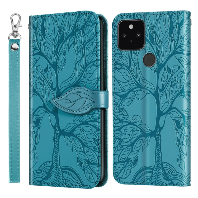Embossed phone wallet case with flip cover and lanyard, teal leaf pattern, front/back