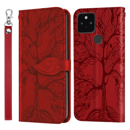 Red embossed leaf flip leather phone case with lanyard strap and card slot