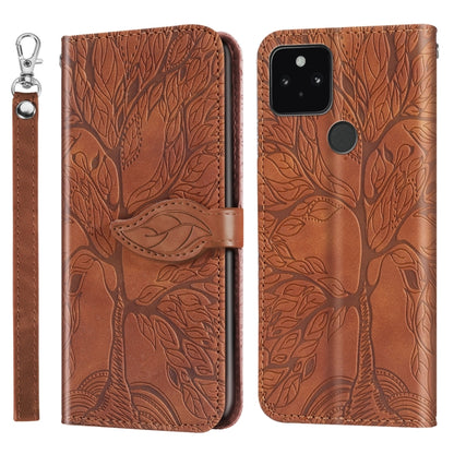 Brown embossed leaf flip leather phone case with lanyard strap and card slot