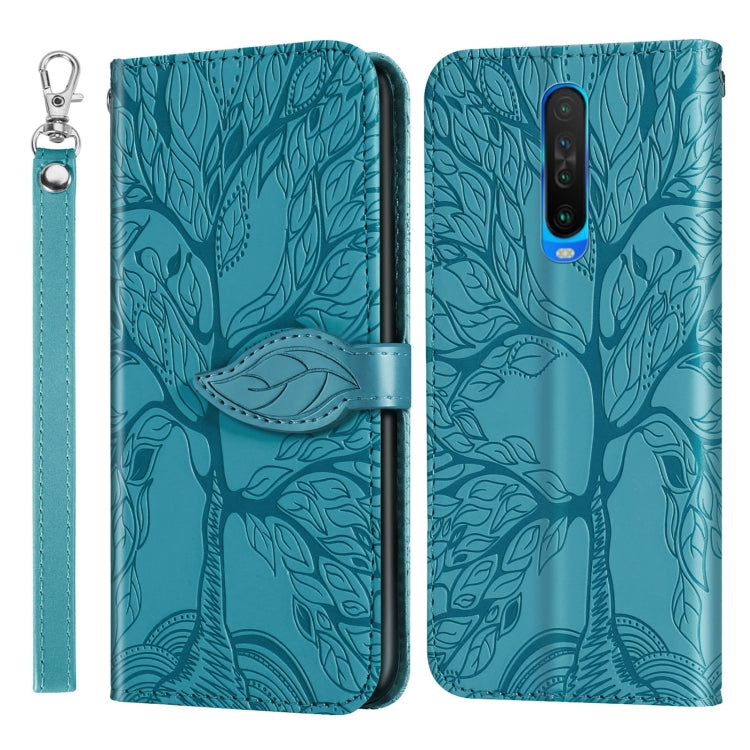 Blue embossed leaf flip leather phone case with lanyard strap and card slot
