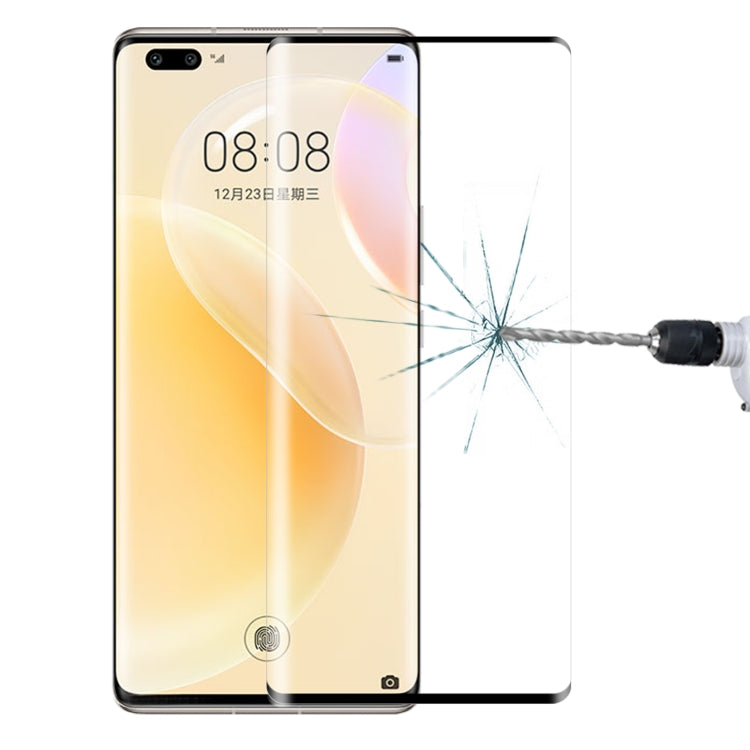 Tempered glass screen protector film covering smartphone screen with curved edges