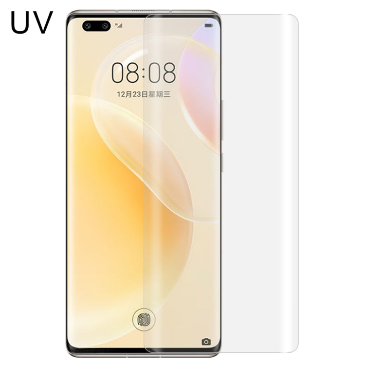 Curved full-glue tempered glass screen protector on a Huawei phone, clear film