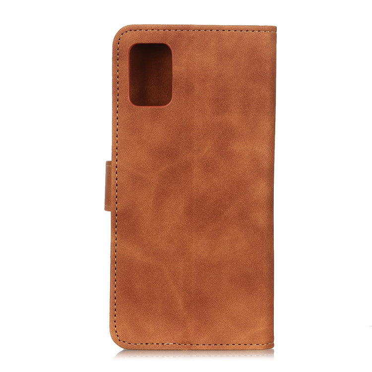Brown flip phone case in textured faux leather with cutout for camera and speaker holes