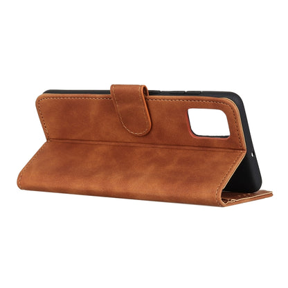 Brown horizontal flip wallet case with cutout window and phone stand support