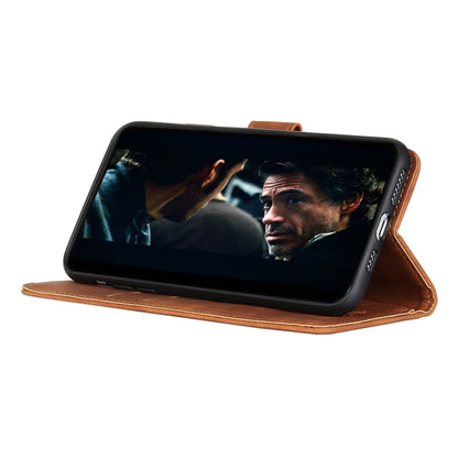 Brown flip leather phone case standing upright with front window and secure cover