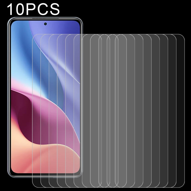 Set of tempered glass screen protectors with multiple films layered on a phone front