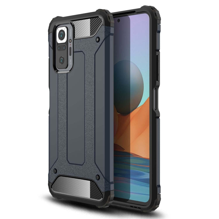 Navy blue rugged phone case with textured grip, raised corners, and camera cutouts