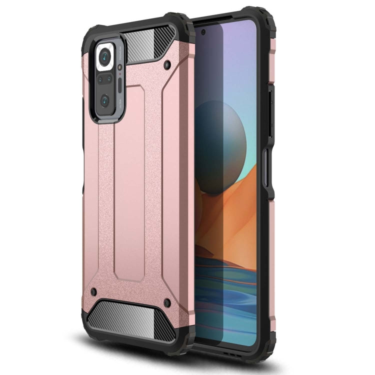 Rose gold rugged phone case with textured grip, raised corners, and camera cutouts