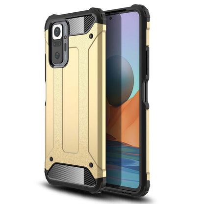 Gold rugged phone case with textured grip, raised corners, and camera cutouts