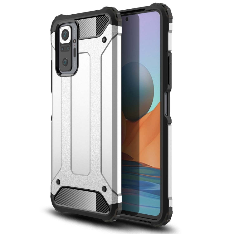 Silver rugged phone case with textured grip, raised corners, and camera cutouts