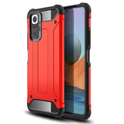 Red rugged phone case with textured grip, raised corners, and camera cutouts