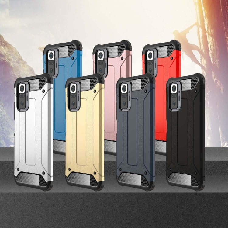 Rugged TPU+PC phone case for Xiaomi Redmi Note 10 Pro, shown in multiple colors with camera cutouts
