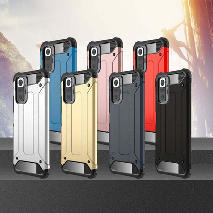 Rugged TPU+PC phone case for Xiaomi Redmi Note 10 Pro, shown in multiple colors with camera cutouts