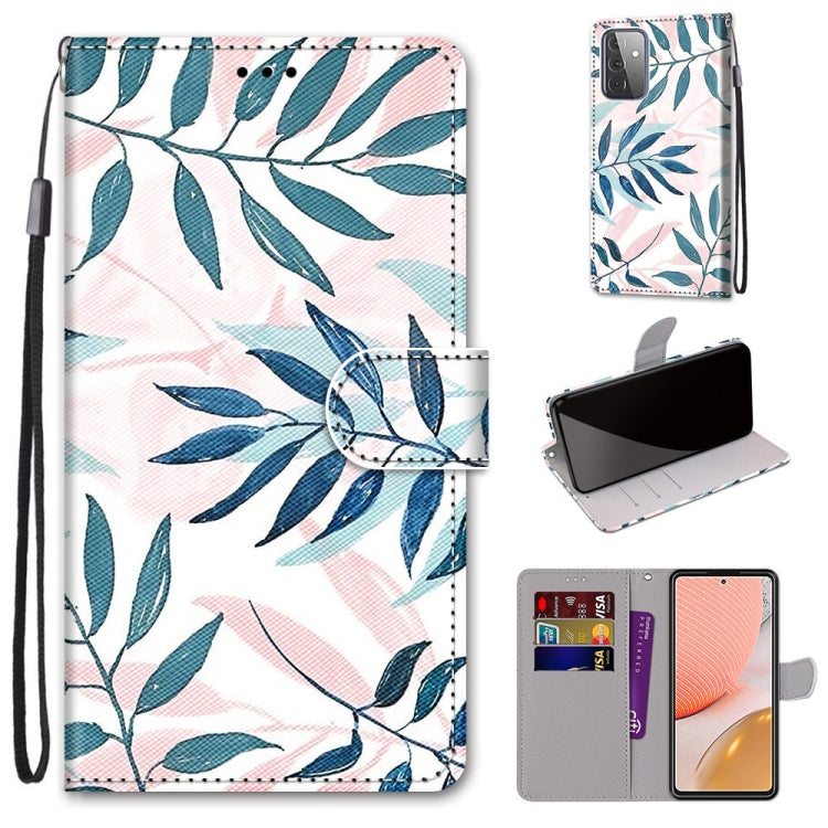 White PU leather phone wallet case with blue leaf pattern and horizontal flip cover