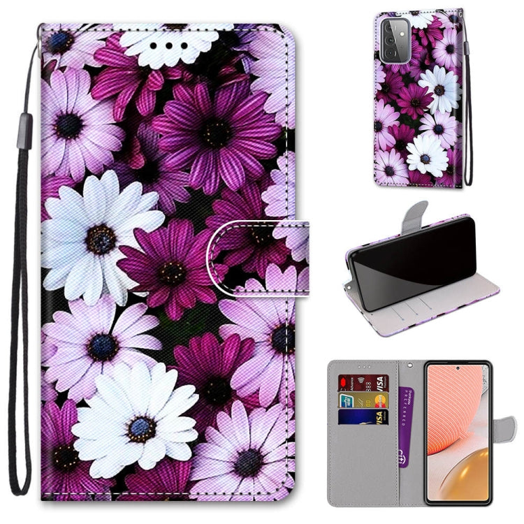 Purple and white PU leather phone wallet case with daisy flower print and horizontal flip cover