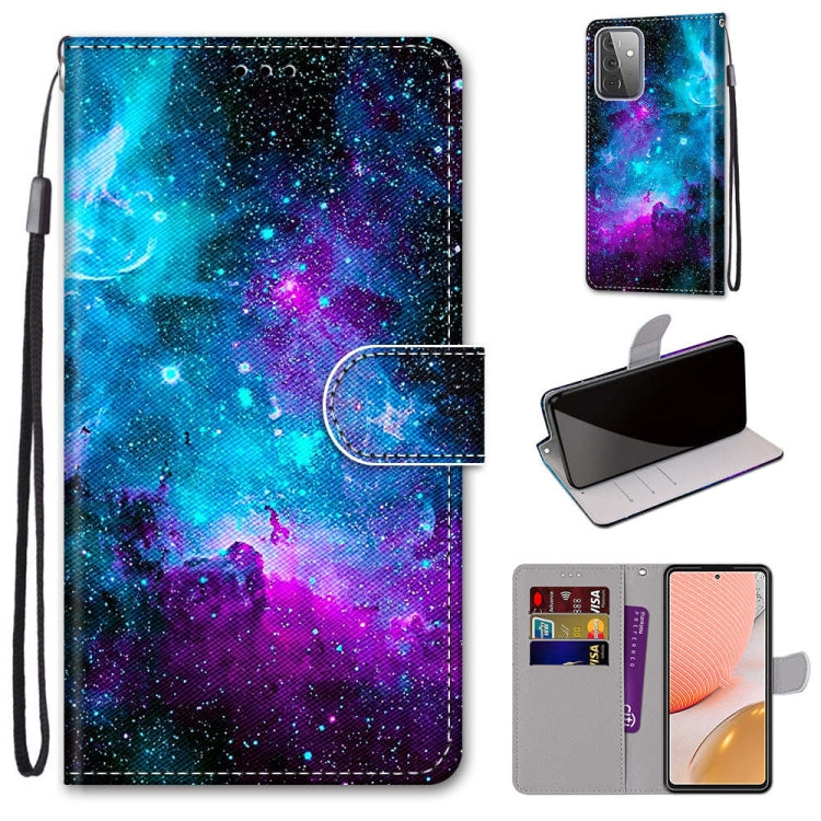 PU leather flip phone case with lanyard; galaxy space print in blue and purple; card slots
