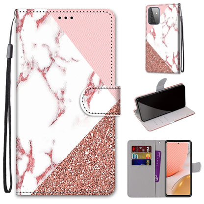 PU leather flip phone case with lanyard; white and rose-gold marble glitter pattern; card slots