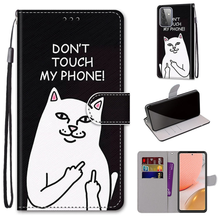 PU leather flip phone case with lanyard; black and white cat graphic with "DON'T TOUCH"; card slots