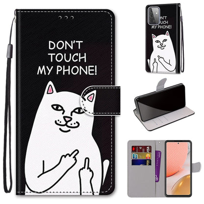 PU leather flip phone case with lanyard; black and white cat graphic with "DON'T TOUCH"; card slots