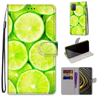 PU leather flip phone case with lanyard; bright green citrus lime pattern; card slots