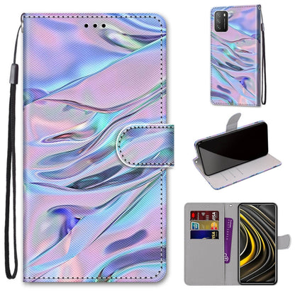 PU leather flip phone case with lanyard; pastel blue and pink swirl abstract design; card slots