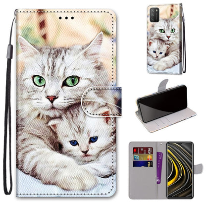 PU leather flip wallet phone case with card slots and lanyard; white cat and kitten print