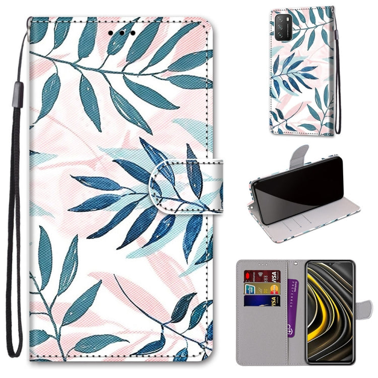 PU leather flip wallet phone case with card slots and lanyard; blue leaf branch print
