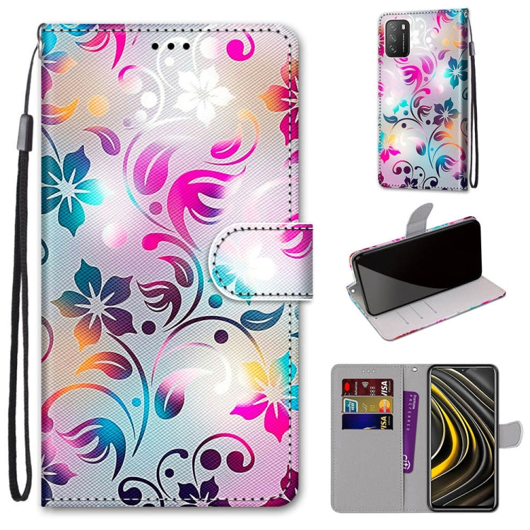 PU leather flip wallet phone case with card slots and lanyard; colorful flower swirl print