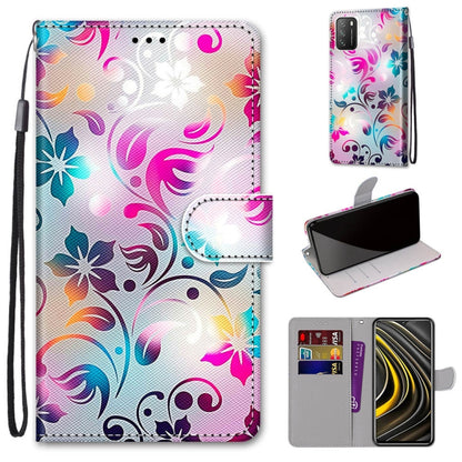 PU leather flip wallet phone case with card slots and lanyard; colorful flower swirl print