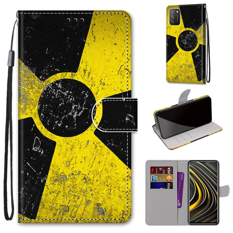 PU leather flip wallet phone case with card slots and lanyard; yellow biohazard symbol print
