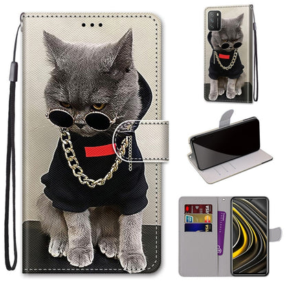 PU leather flip wallet phone case with card slots and lanyard; gray cat wearing glasses print