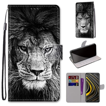 PU leather flip wallet phone case with card slots and lanyard; black lion face print