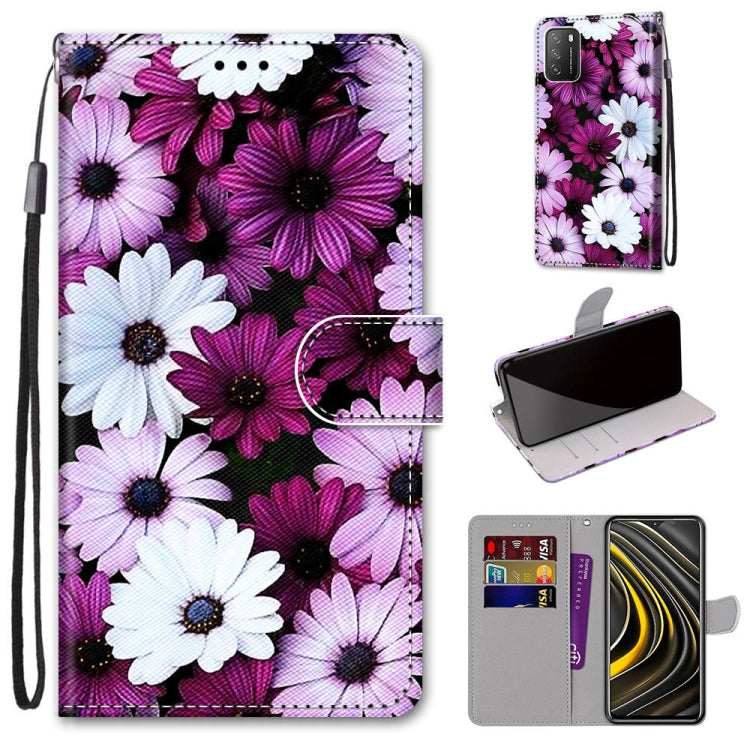 Purple daisy PU leather phone wallet case with flip cover, card slots, and wrist strap