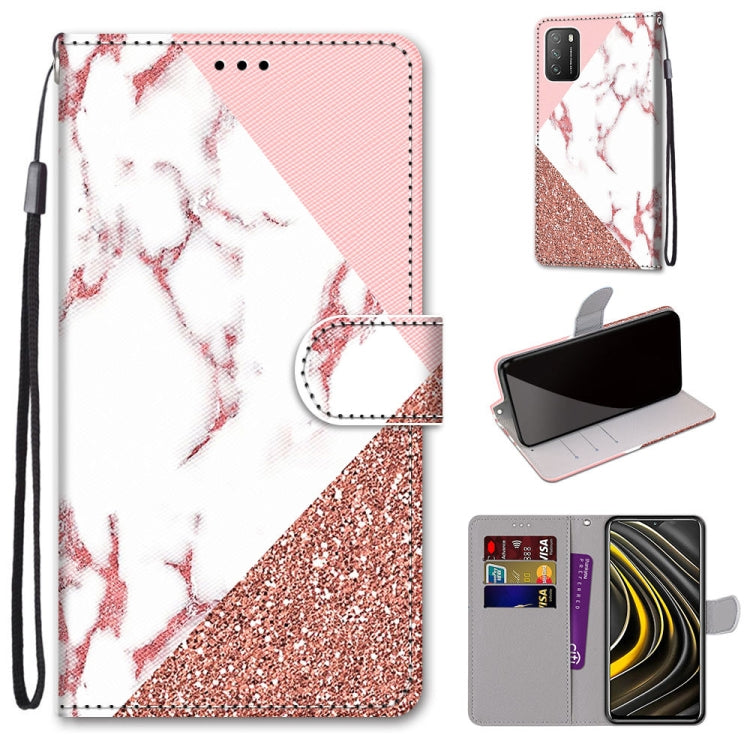 Marble-style PU leather phone wallet case with flip cover, card slots, and wrist strap