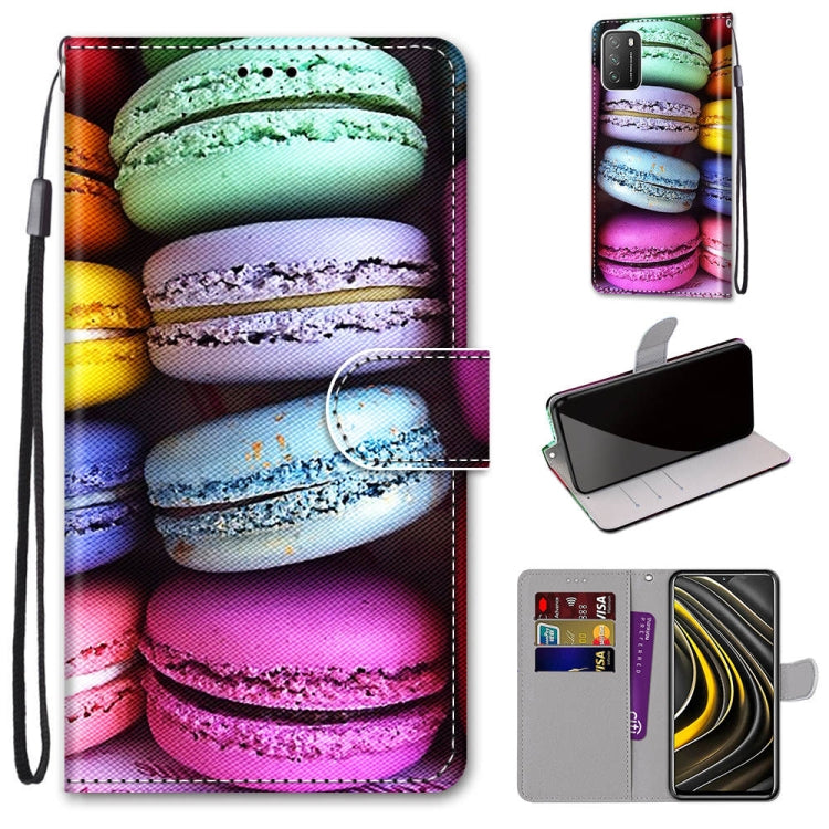 Macaron print PU leather phone wallet case with flip cover, card slots, and wrist strap