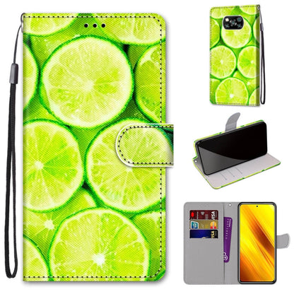 Green lime fruit print PU leather phone wallet case with flip cover, card slots, and wrist strap