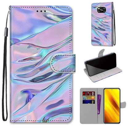 Iridescent blue marbled PU leather phone wallet case with flip cover, card slots, and wrist strap