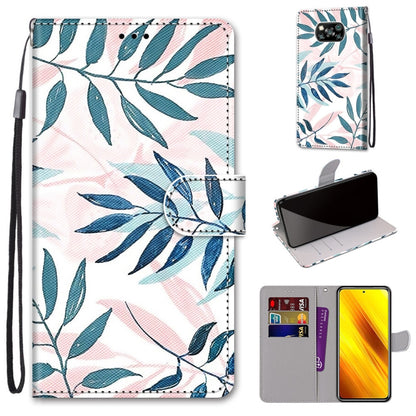 PU leather wallet phone case with lanyard, blue leaf print, flip cover, card slots